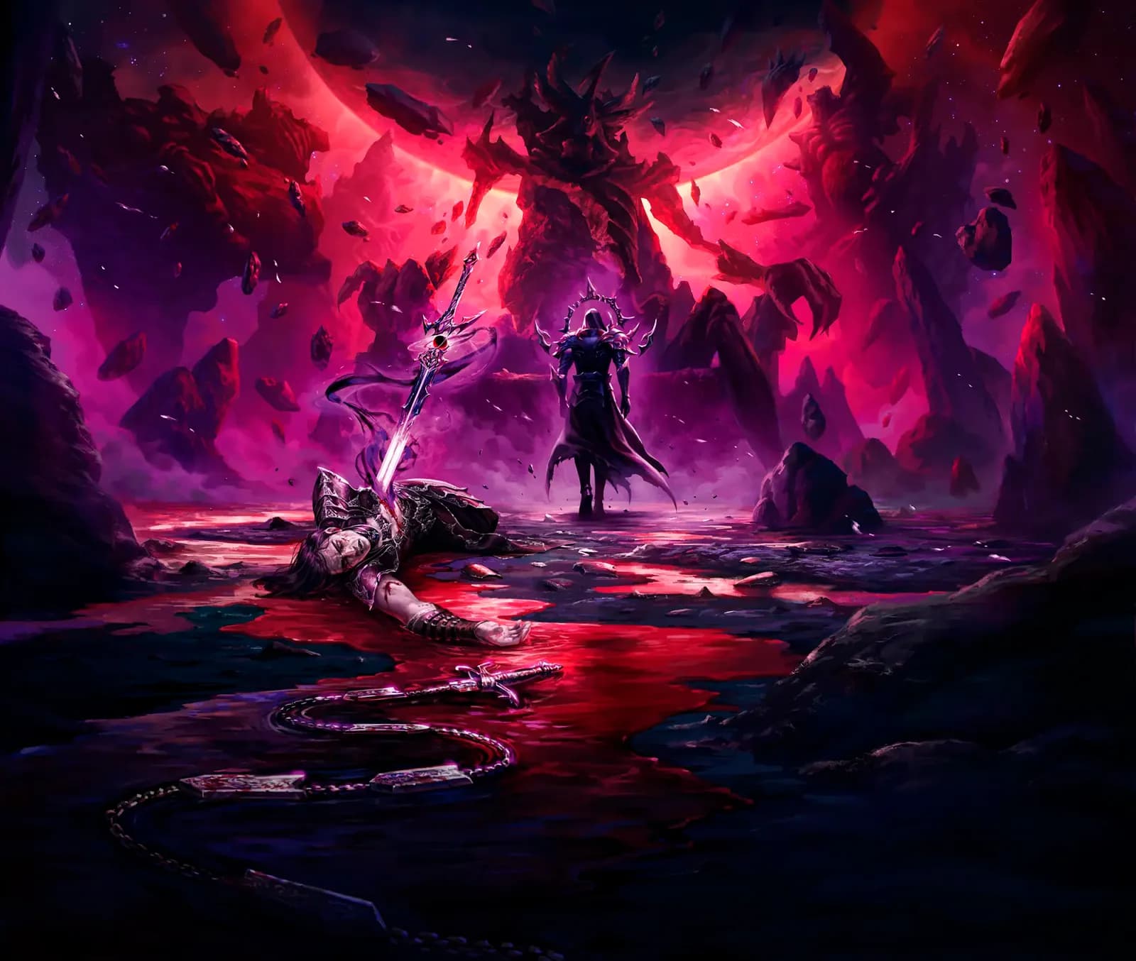 Viserai walks away from Chane's impaled corpse, approaching the shadow throne