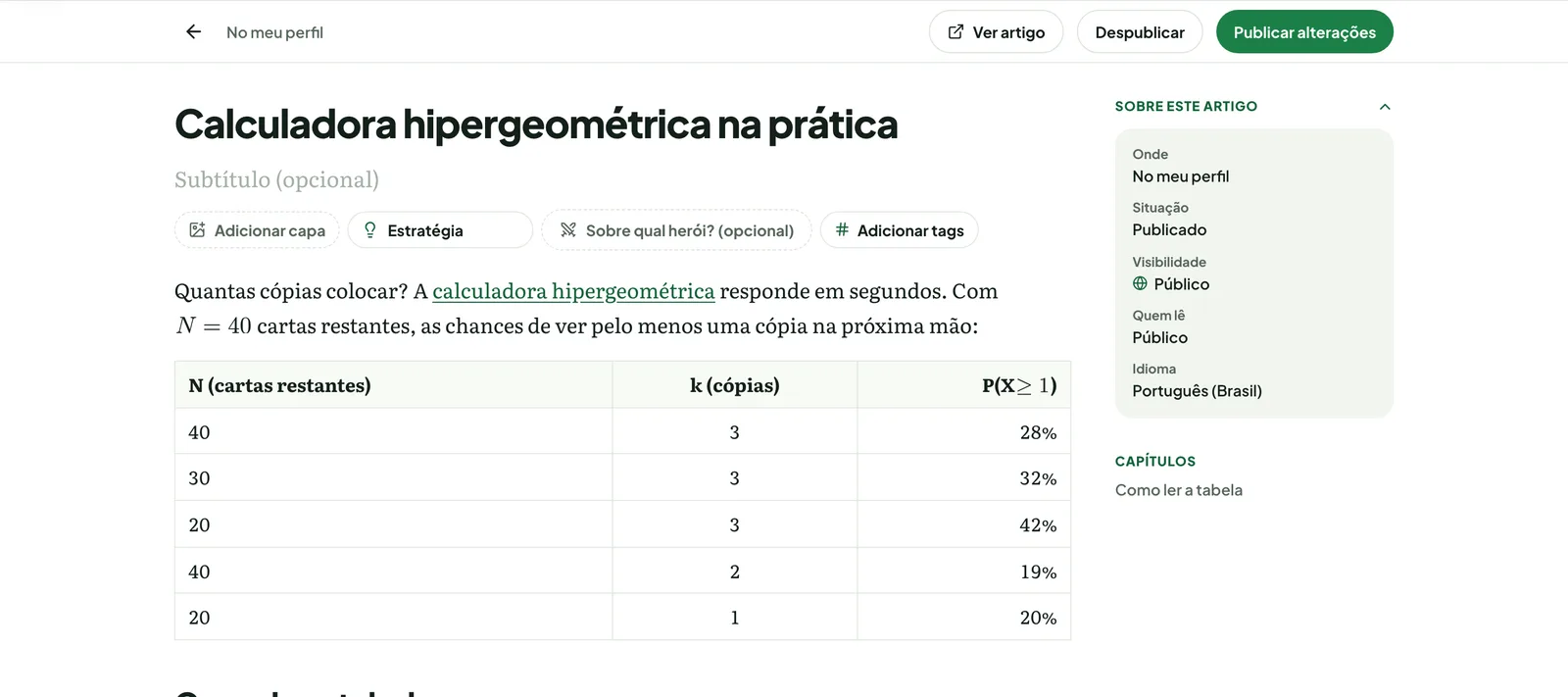 Editor com uma tabela no texto e o quadro Sobre este artigo ao lado