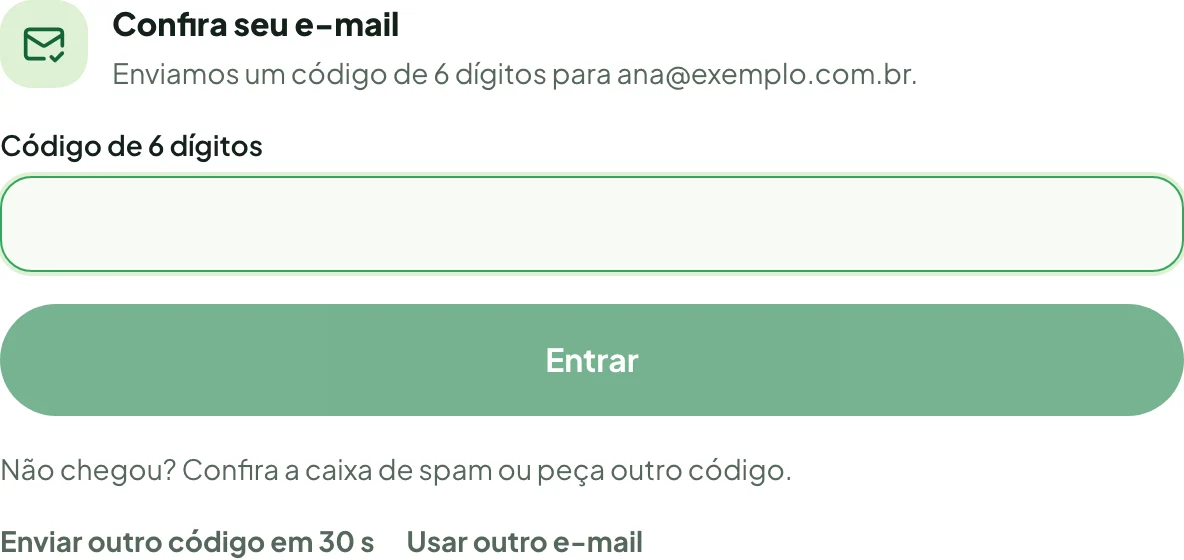 Tela do código de 6 dígitos enviado por e-mail