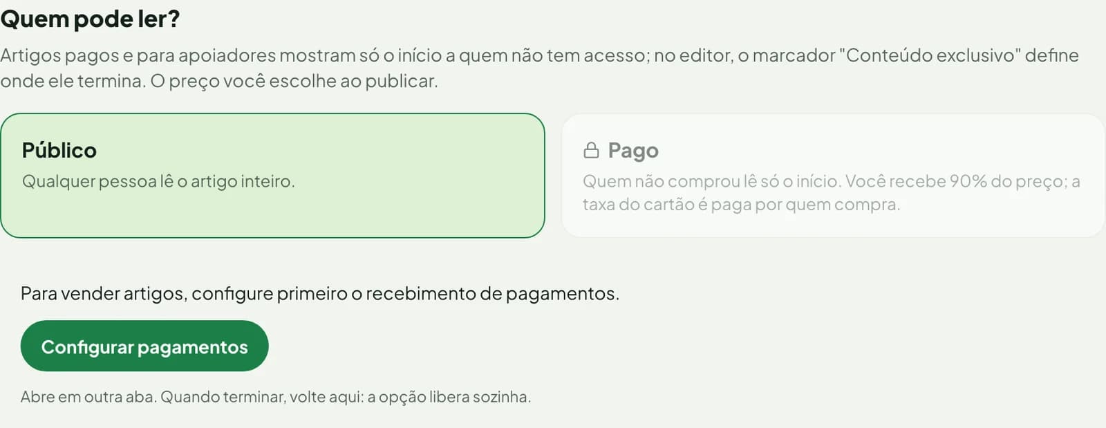 Seção Quem pode ler, com Público e Pago bloqueado