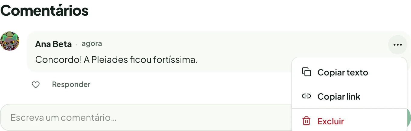 Menu de opções de um comentário
